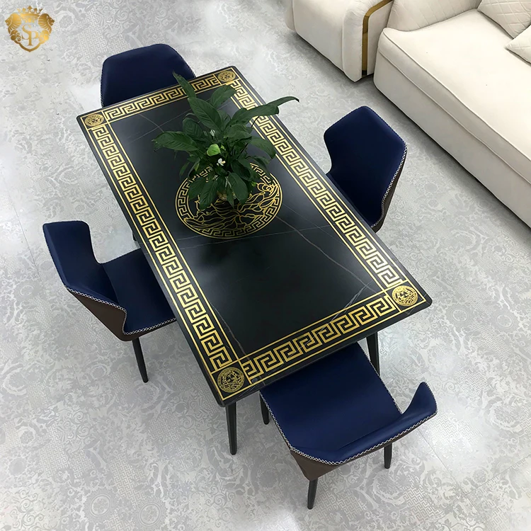 Extra large classic ornate black dining set tables slab 1800x900 top italian square gold luxury dining table set with 6 chairs
