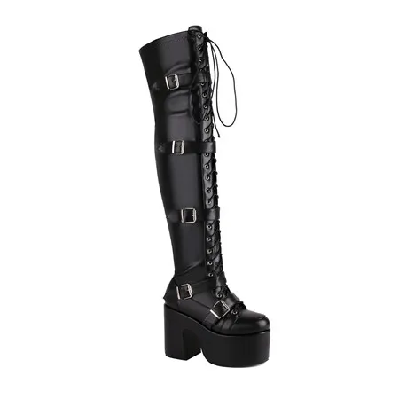 Customized Luxury Sexy nightclubs  round head  high boots in pole dancing  belt buckle platform chunky knee-high boots boots