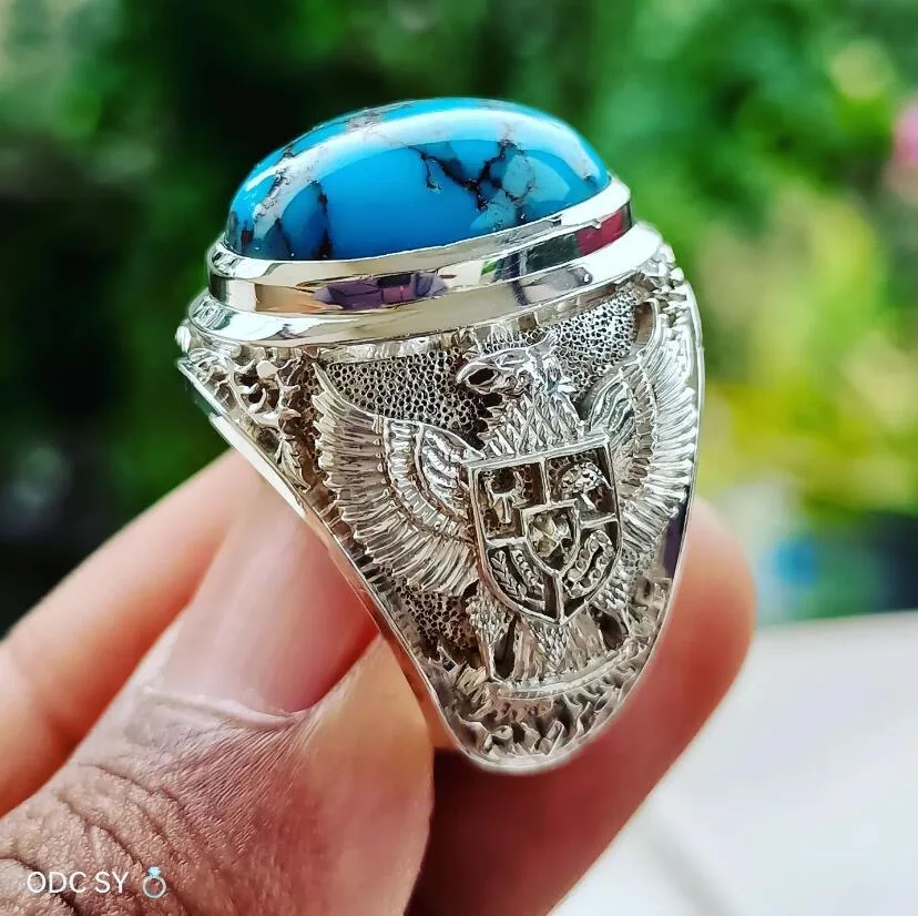 Hot SALES 925 Silver Sterling Vintage Turquoise Rings Vintage Style Eagle Curved Classic Design Men Arabic Ring Jewelry