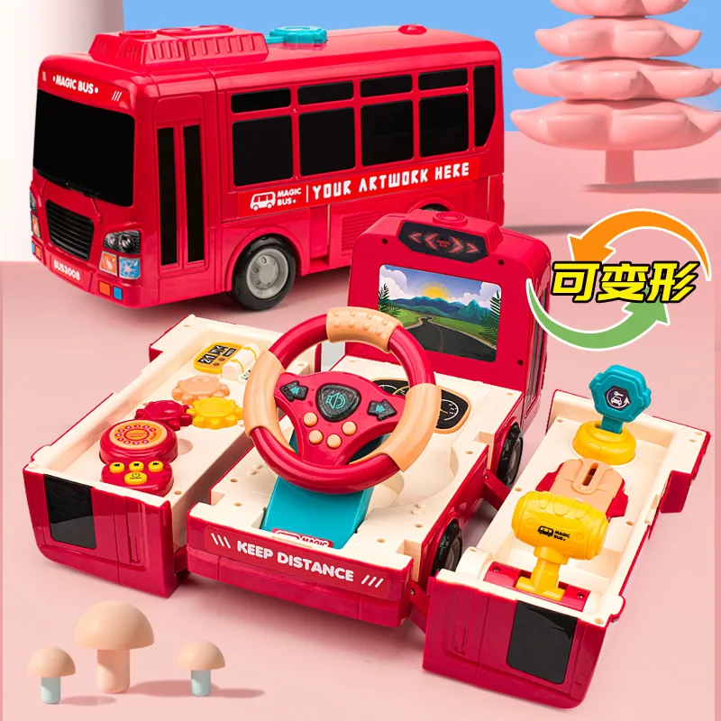 2 in 1 Transform Kids Early Education Driving Toys Steering Wheel Sound Light Toddler Activity Center Bus Car Toy