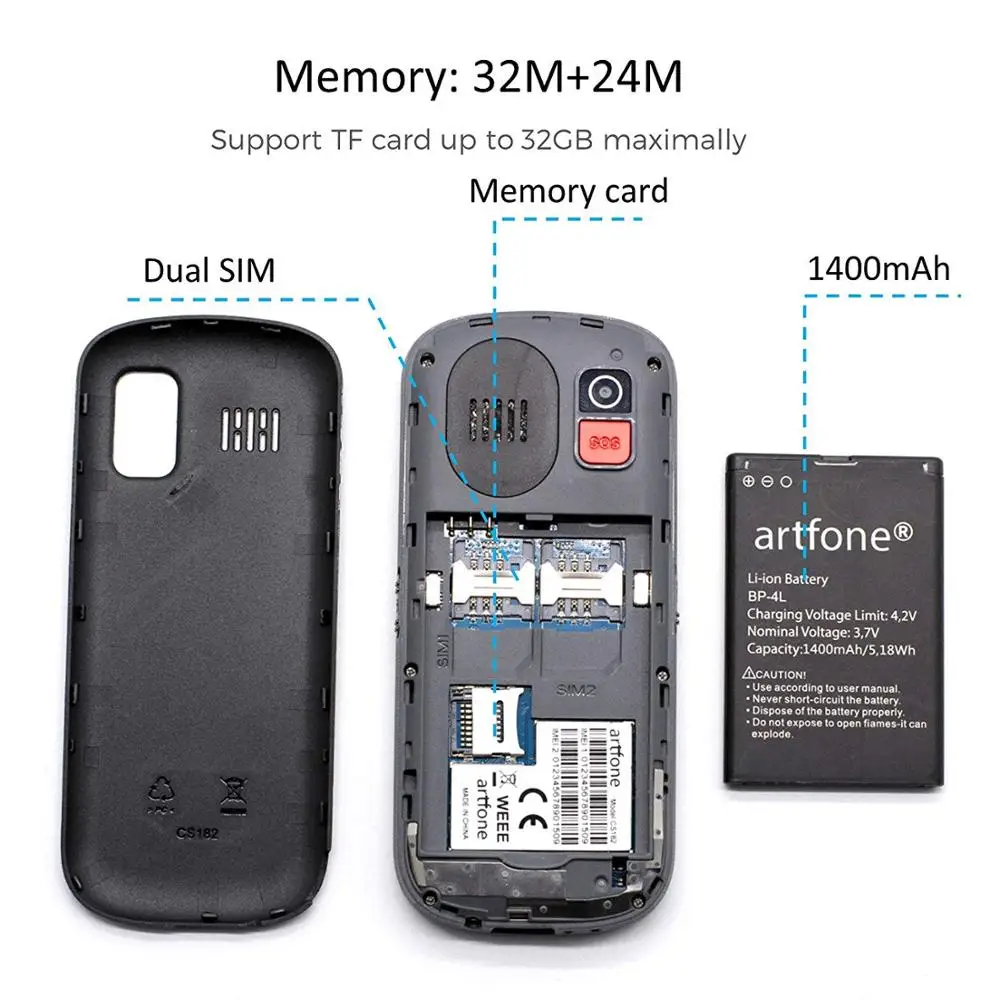 Artfone CS182 Big Button Mobile Phone, Senior Unlocked Mobile Phone with Dock and 1400mAh Battery.