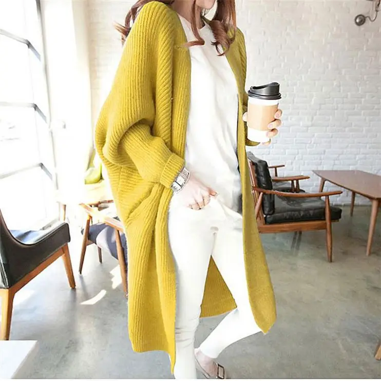 Wholesale Autumn Winter Korean Fashion Mide Cardigan Loose Knitted Batwing Sleeve Long Sweaters For Women