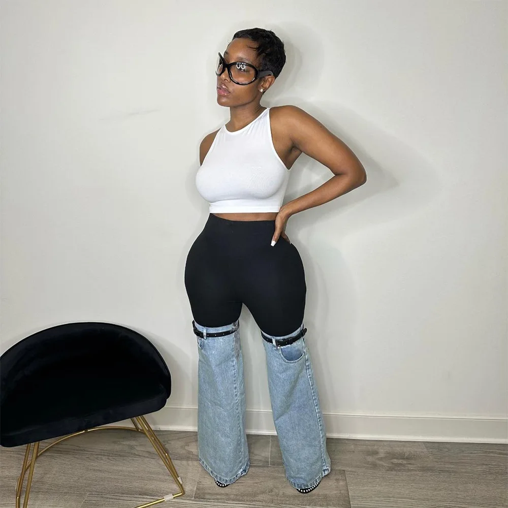 2024 HO Colorblock Denim Flared Jeans Patchwork Jeans Women Wide Leg Pants Women