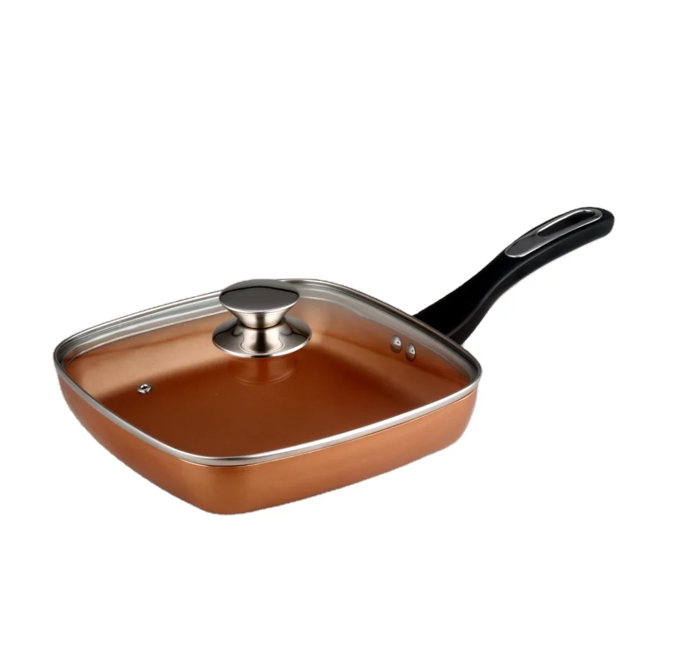 High Quality Pressed Aluminium Cookware Set Copper Nonstick square Fry Pan with Normal Glass Lid and S/s Knob