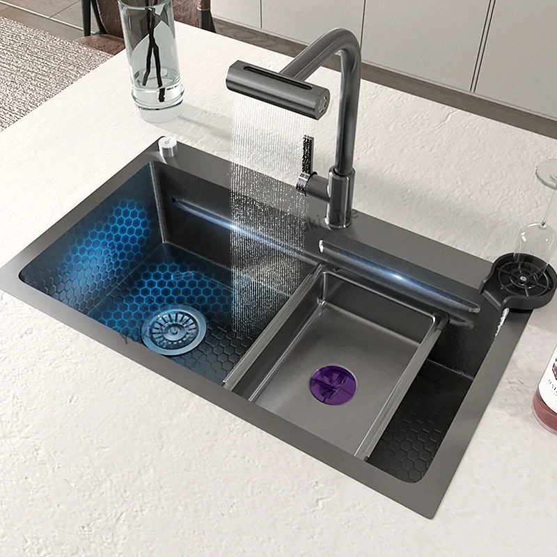 Rotating Waterfall Kitchen Sink Stainless Steel Embossed Large Single Slot Household Washbasin For Kitchen Accessories