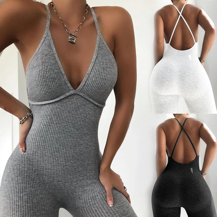 
2020 New Women Sleeveless V-Neck Solid Bodycon Playsuit One-piece Clubwear Trousers Sport Long Jumpsuit 