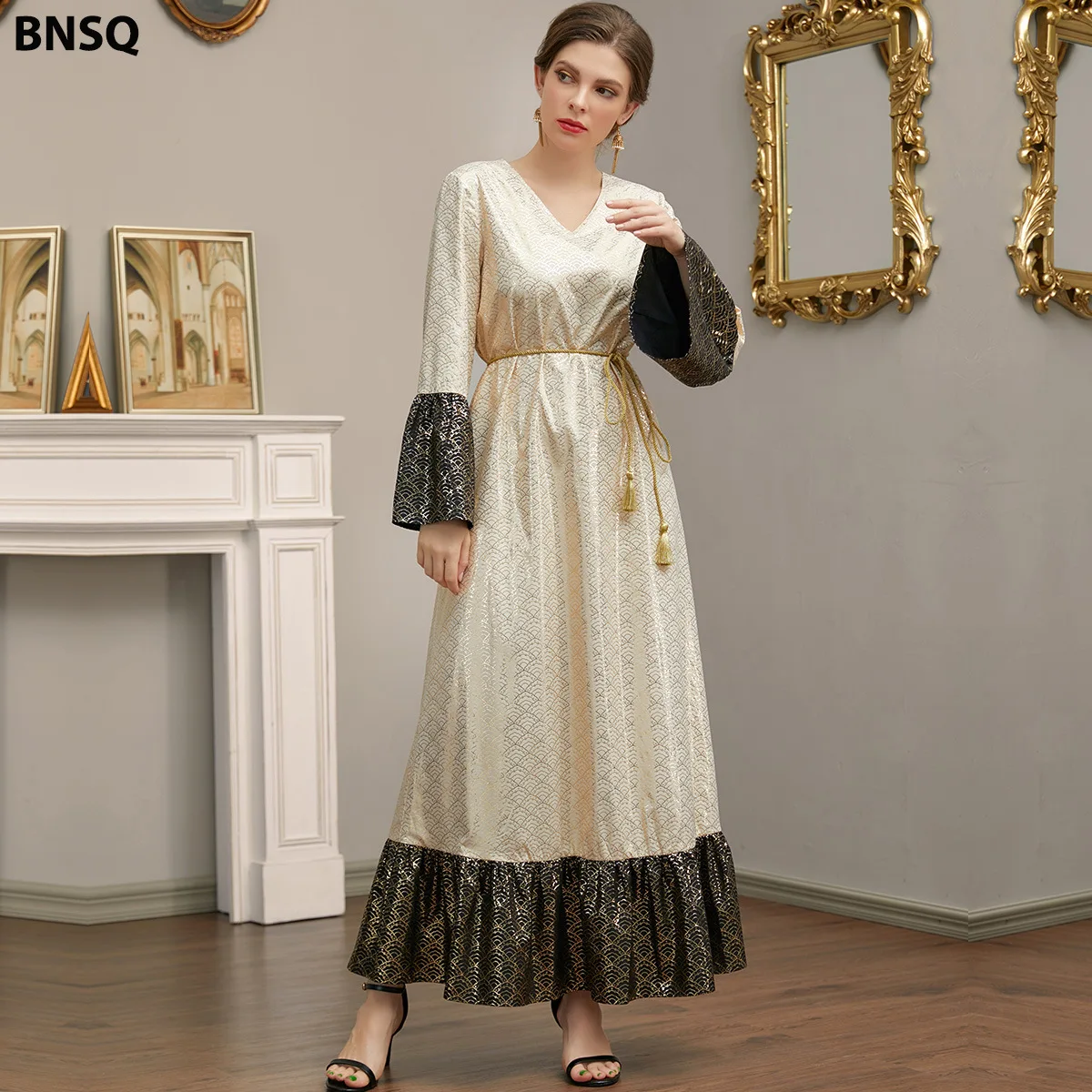 SIPO Women Traditional Muslim Women Abaya Dress Fower Blooming Long Sleeve Maxi Length Cardigan Robe with Sashes Saudi Arab Duba