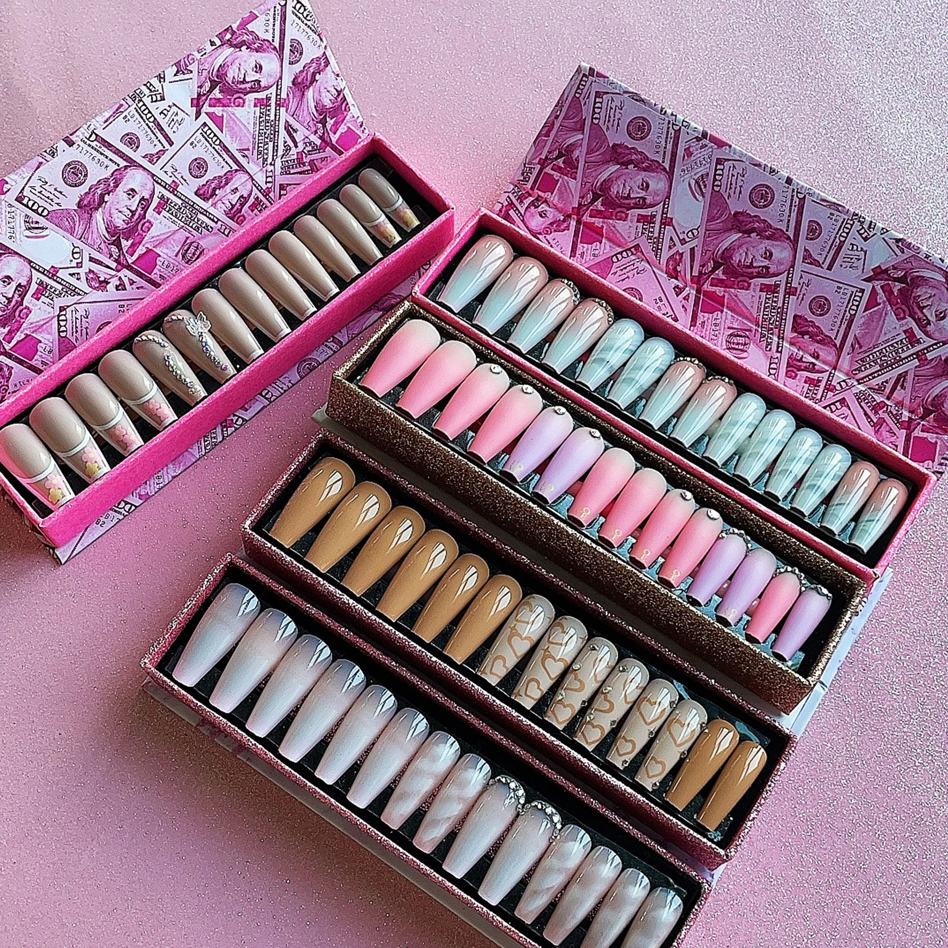 Naixi Free Samples Hot designNails Press on Long Ballerina Acrylic Nails Diamond Luxury Medium Coffin French 24pcs/Box Blind Box