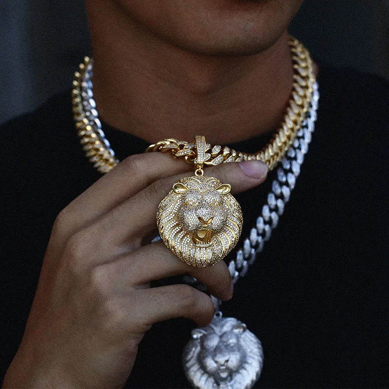 High Quality Two-Color Hip Hop Jewelry Iced Out Cuban Necklace Micro Pave Cubic Zirconia Gold Plated Lion Head Pendant