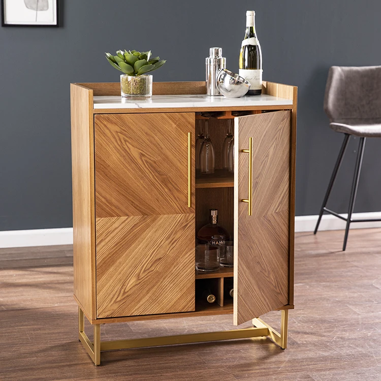 Functional  Contemporary Anywhere Small Wooden Bar Cabinet With Marble Paper Top Iron Legs