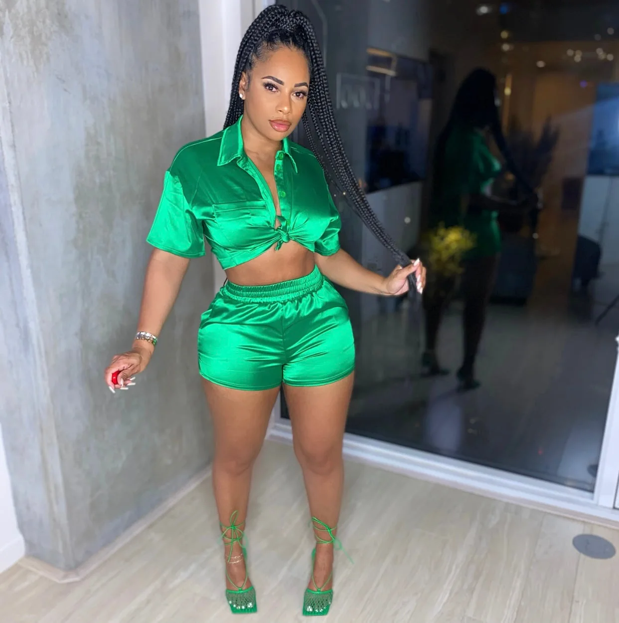 Women Button Up Shirt Shorts Suit Elastic Two-piece Set with Pockets For Summer