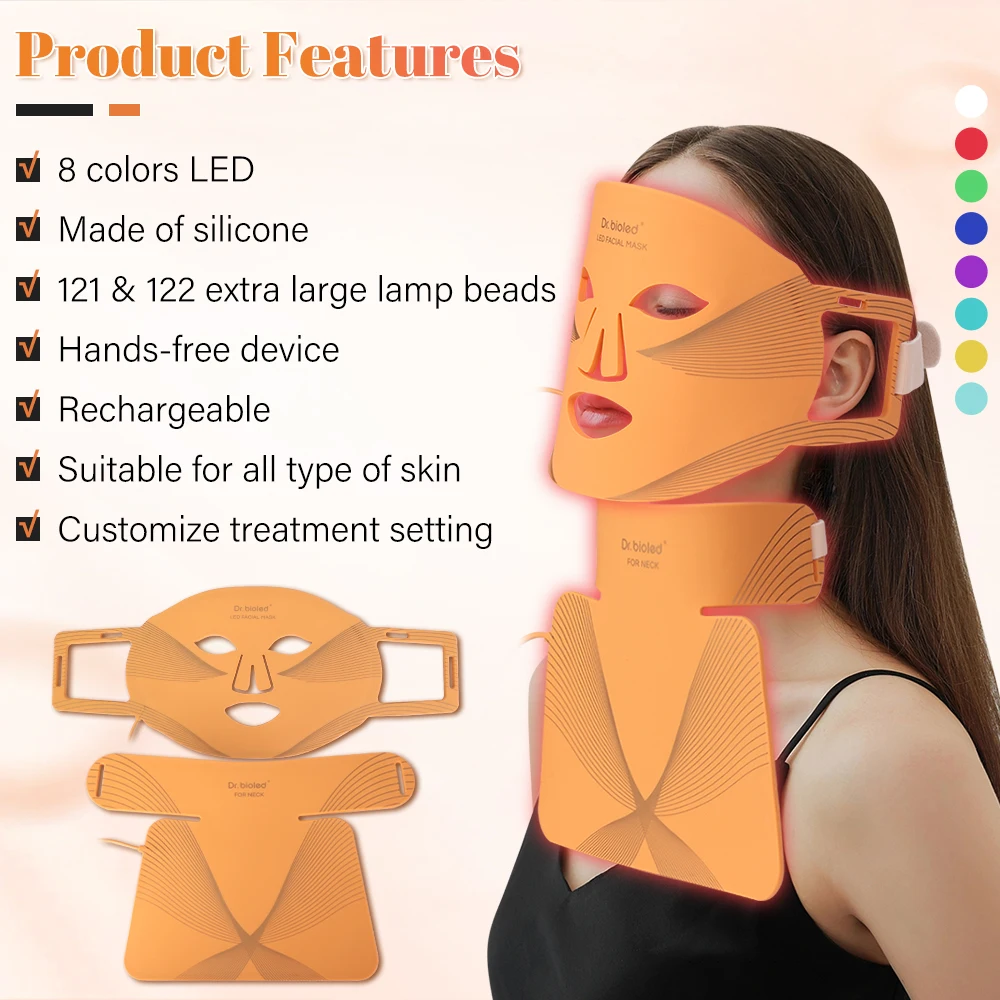 LED facial mask light therapy machine 8 color silicone red light therapy mask