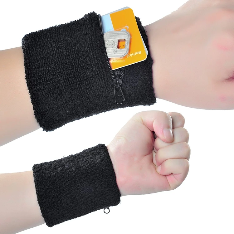 Cotton Wrist Brace Hand Guard For Sport Tennis Wholesale Zipper Cotton Fabric Wrist Sweatband With Custom Embroidered Logo