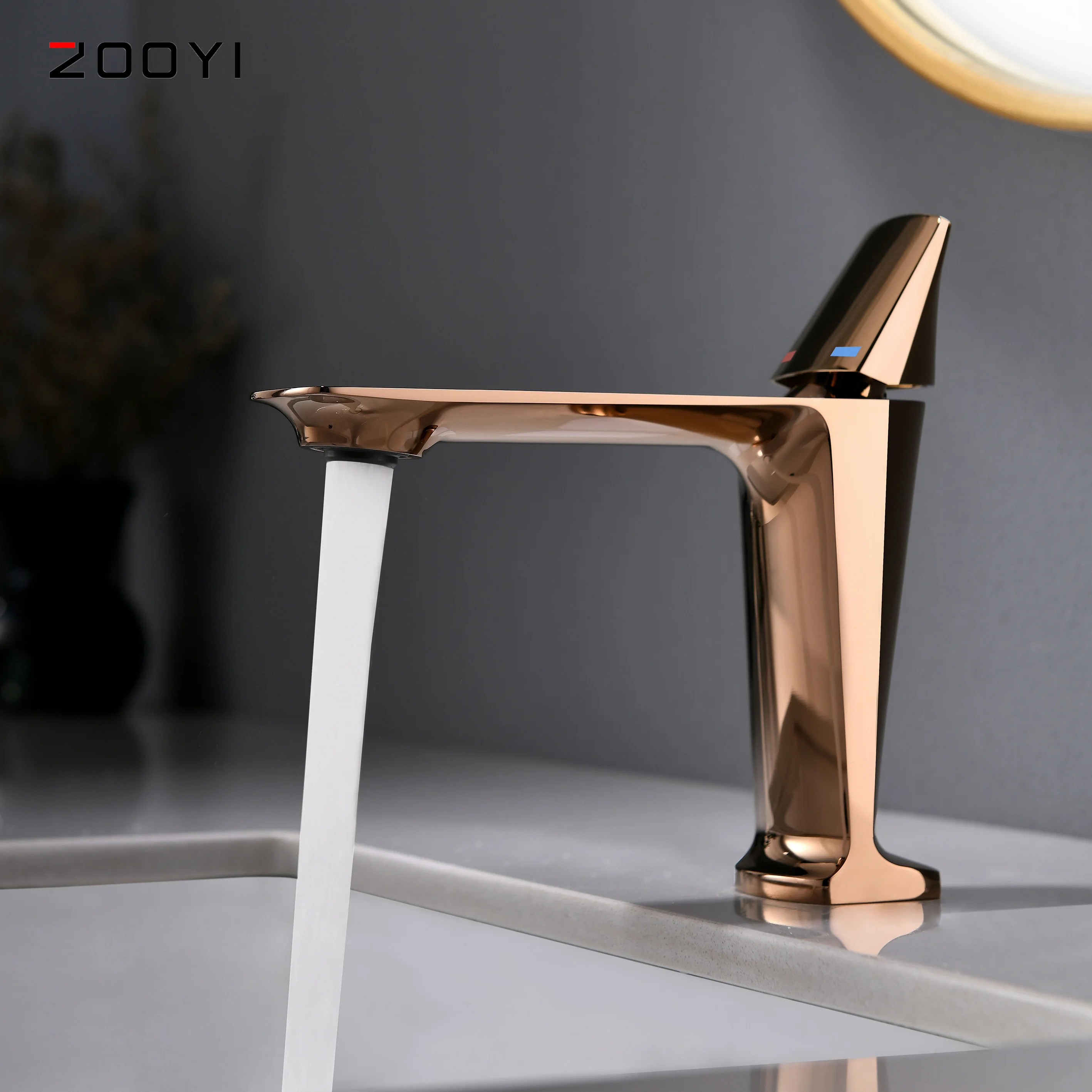 
ZOOYI creative design rose-gold deck mounted single ceramic handle copper wash basin faucet mixer 