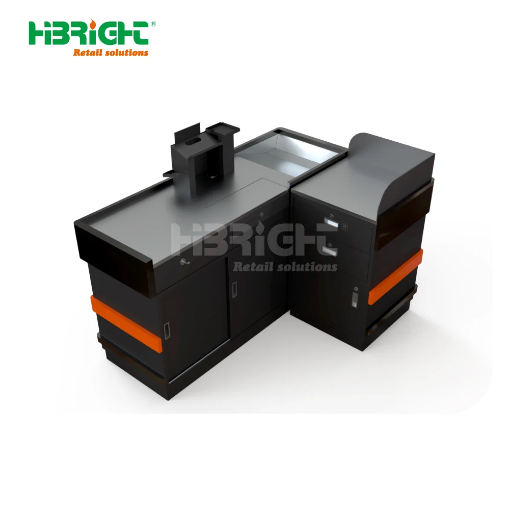 Aesthetic Metal Black Supermarket Checkout Counter Integrated Design with Multi-Functionality for Cashier Use