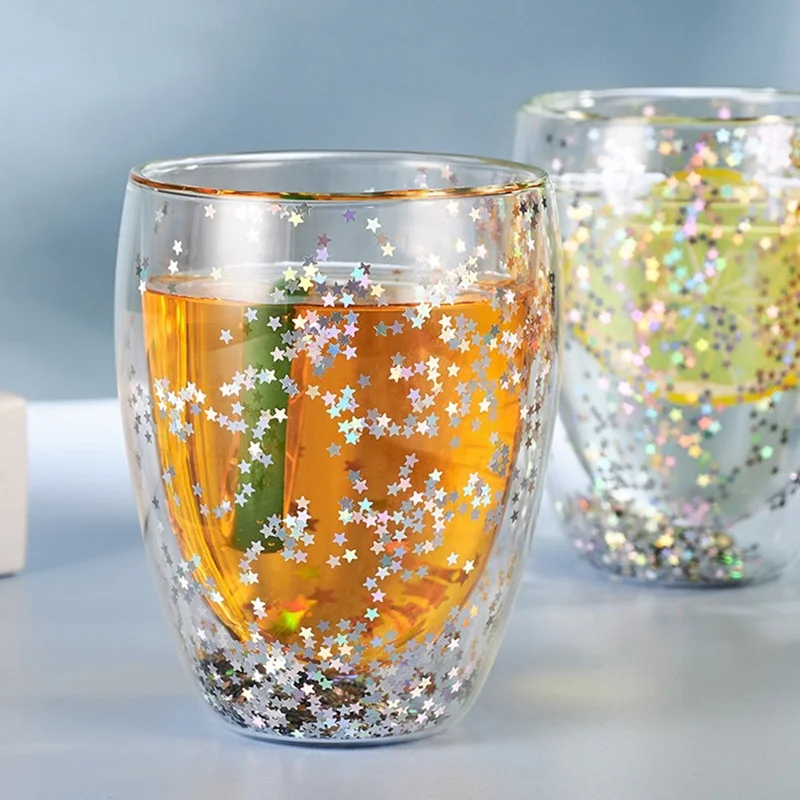 Snow Globe Glass Mug Reusable Double walled Coffee Tea Mug Glass Drinkware Cup Coffee Bar Beverage Glasses Rainbow Sequins