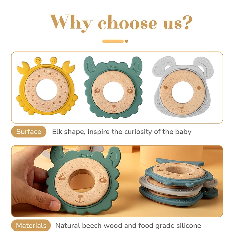 Baby Silicone Teethers BPA Free Silicone Rudder Teething Toys with Wooden Ring Soothe Babies Tooth