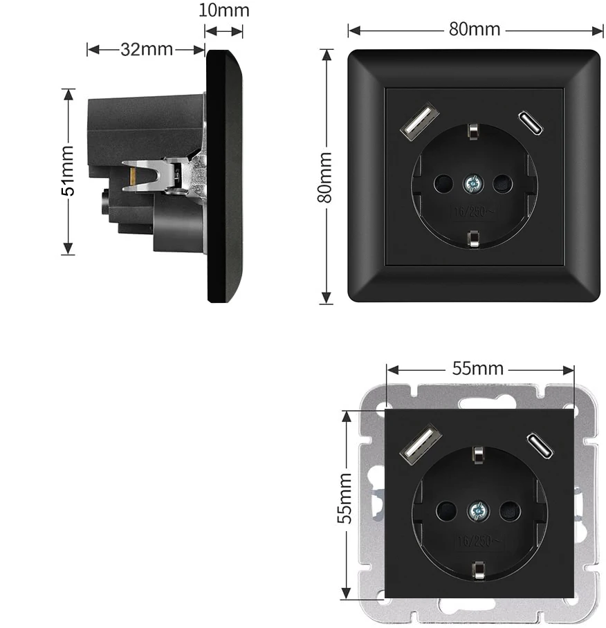 Factory Price Dual USBA German Wall Socket 3.4A 55*55mm Cover Style 16A EU USB Wall Schuko Socket For Home Furniture