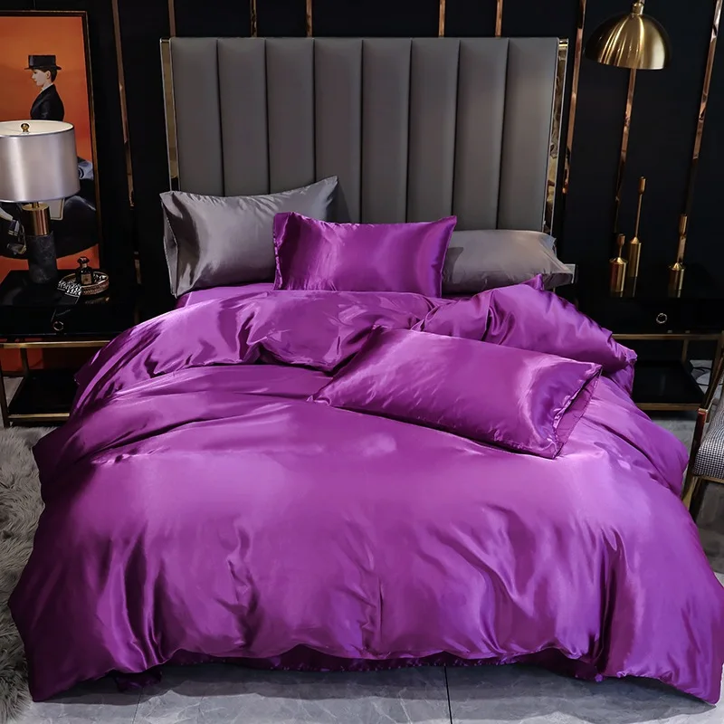 European Style Luxury home textiles Solid color Satin silk bedding quilt cover pillow case three pieces bed Sheet set wholesale