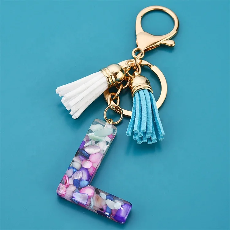 2022 Purple Letter A-Z Keychain for Women Purse Handbags Resin Alphabet Initial Letter Pendant Key Holder with Tassel Glass Ball