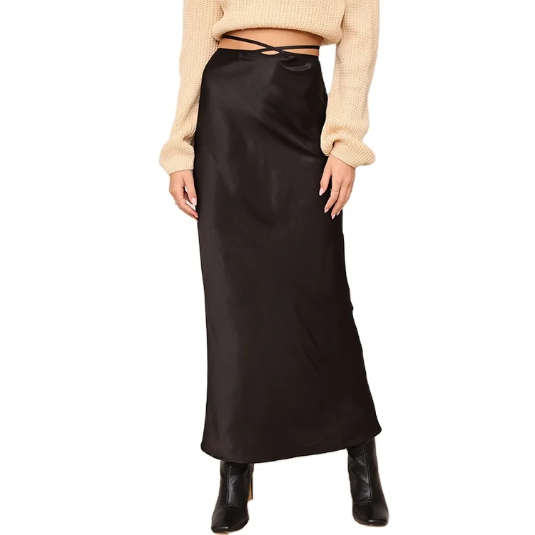 2022 Summer Black Satin High Waist Wrap Tie Women Maxi Skirt