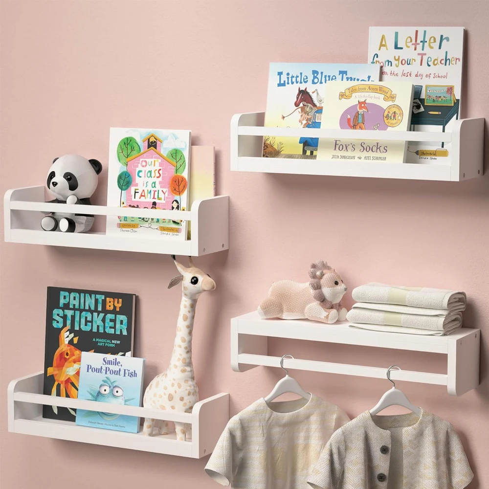 Wall Decor Wall Mount Kids Bookshelf for Baby Bedroom Storage Book Shelves Set of 4 Wood Floating Shelves for Nursery Room