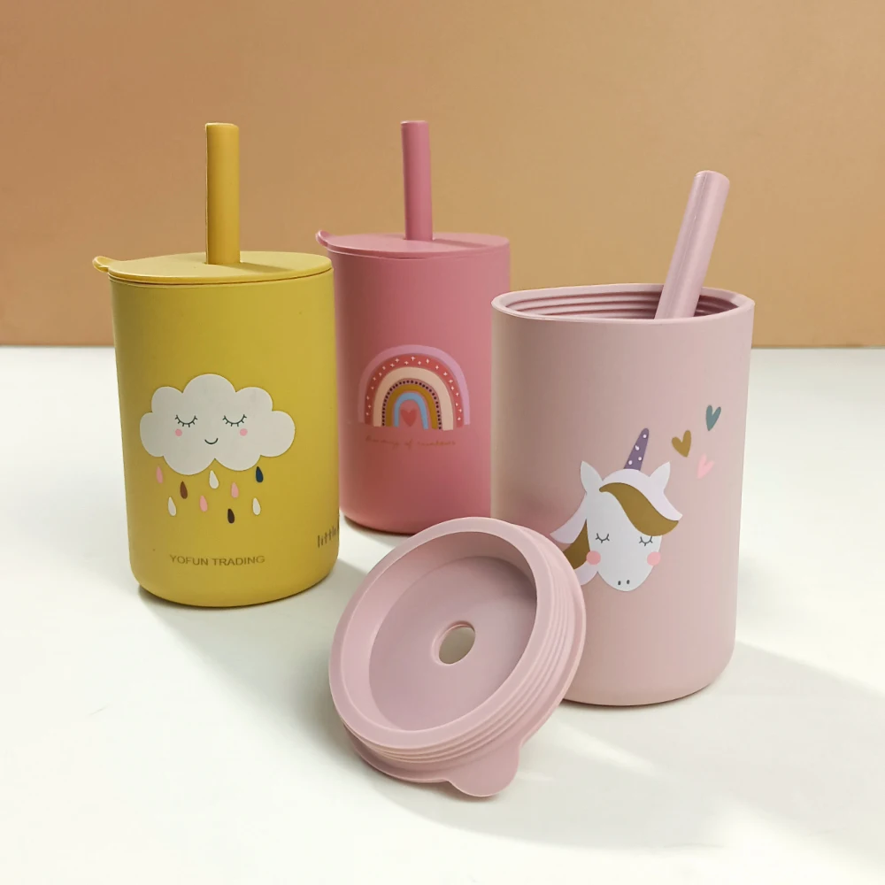 Baby Silicone Cup With Straw Organic BPA Free Food Grade Infant Leak Proof Drinking Cup Low Moq