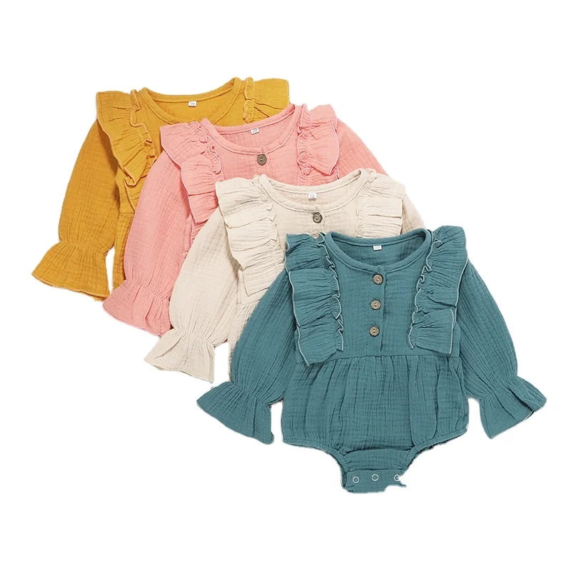 
2021 Ruffle Long Sleeve Romper Cotton Linen Jumpsuits Onesie Outfit Fall Bodysuit Baby Girl Clothes 