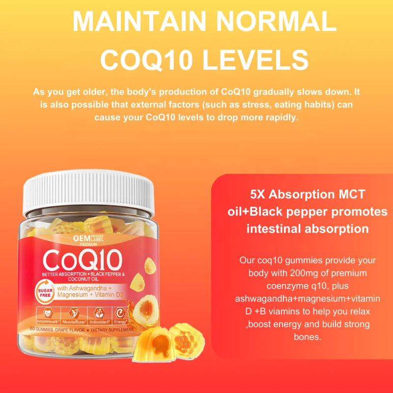 OEM Sugar-Free Ultra Absorption Coenzyme Q10 Gummies with Magnesium, Ashwagandha,Vitamin D3 Ubiquinone Gummy