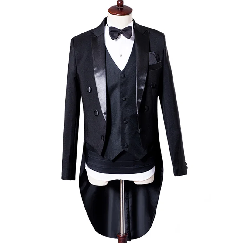 Male host stage performance tuxedo wedding chorus conductor master of ceremonies tuxedo 4pcs suit coat pants vest waist cover