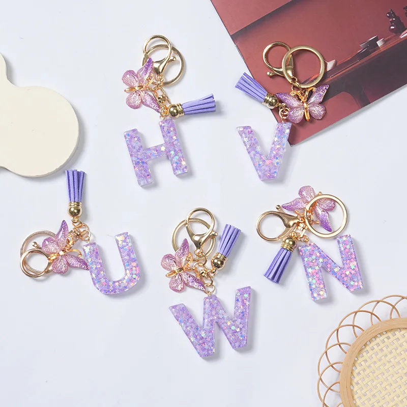 Fashion Alphabet Initial Letter Keychain Tassel Butterfly Pendant Key Ring for Purse Handbags Women Girl