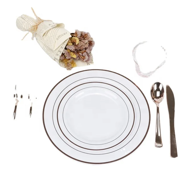 Hot Selling White Rose Gold Disposable Plastic Plates for Parties
