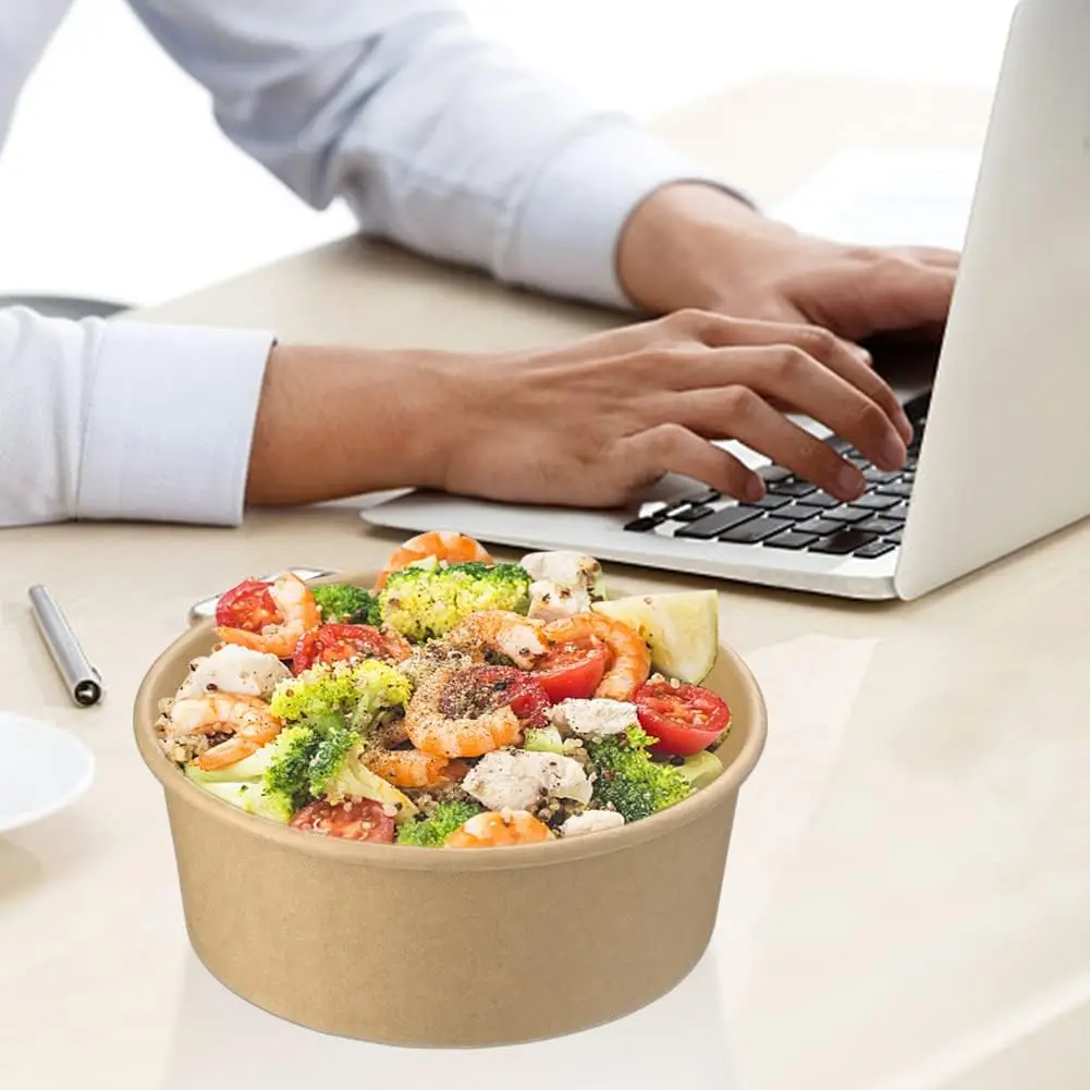 Take Away Paper Container Salad Bowls Disposable Kraft Paper Round Salad Bowl with PET Lids 750ml Craft Paper Food Snack Cup