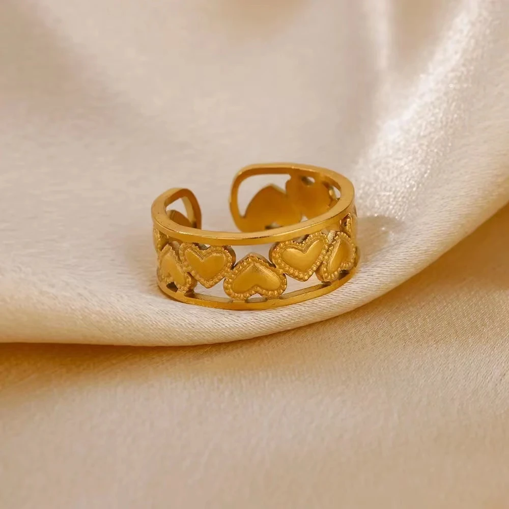 Wholesale 18k Gold Plated Stainless Steel Superposition Heart Shape Love Heart Adjustable Open Ring Jewelry