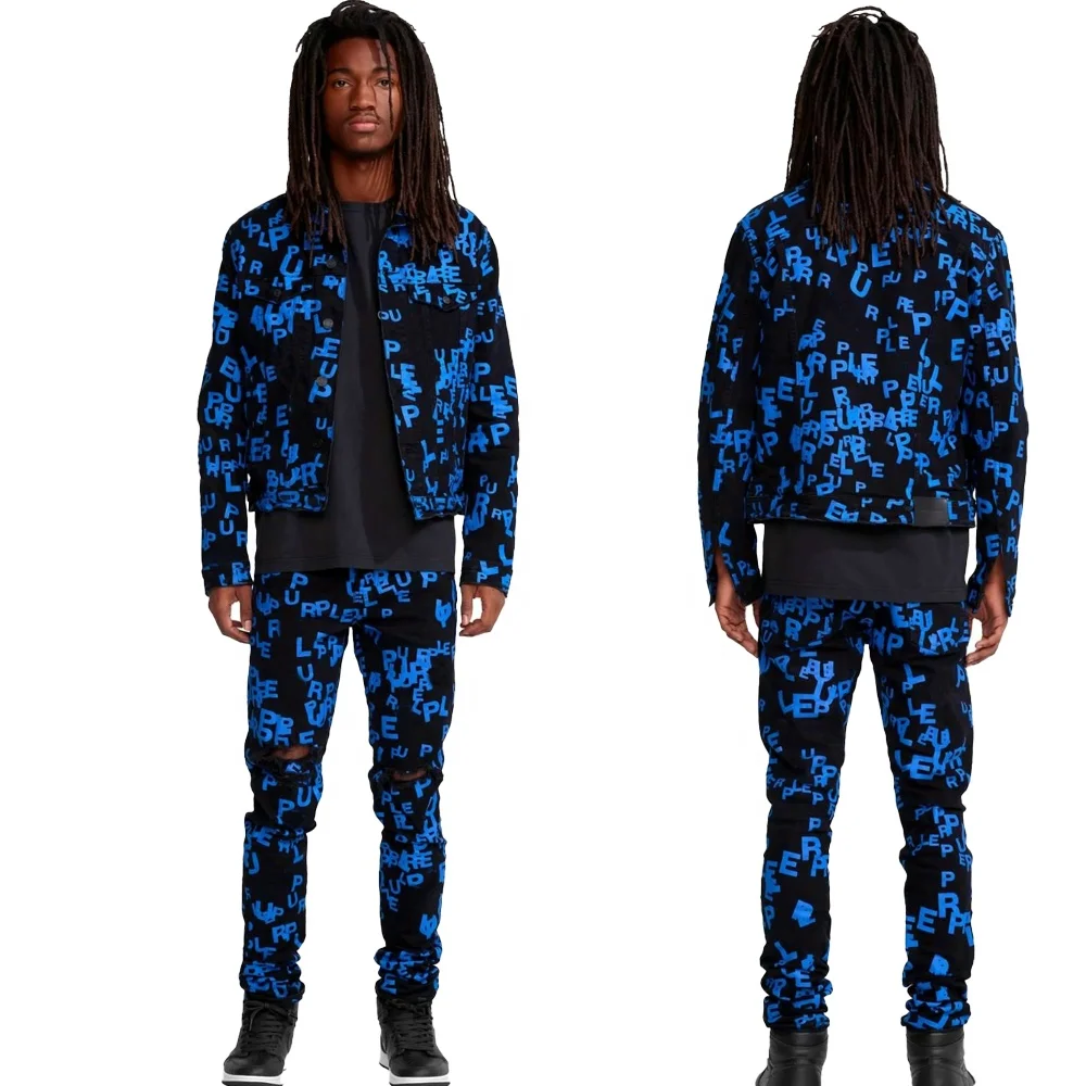 KY Fashion Front Pocket Jacket Digital Printed Fabrics Jeans Skinny Custom Buttons Jeans Jacket Set