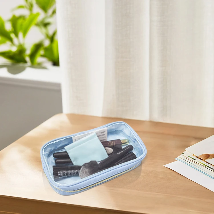 Waterproof Good Quality Long Pink Large Zipper PVC Cosmetic Transparent Clear Make Up Nylon Pouch Makeup Bag