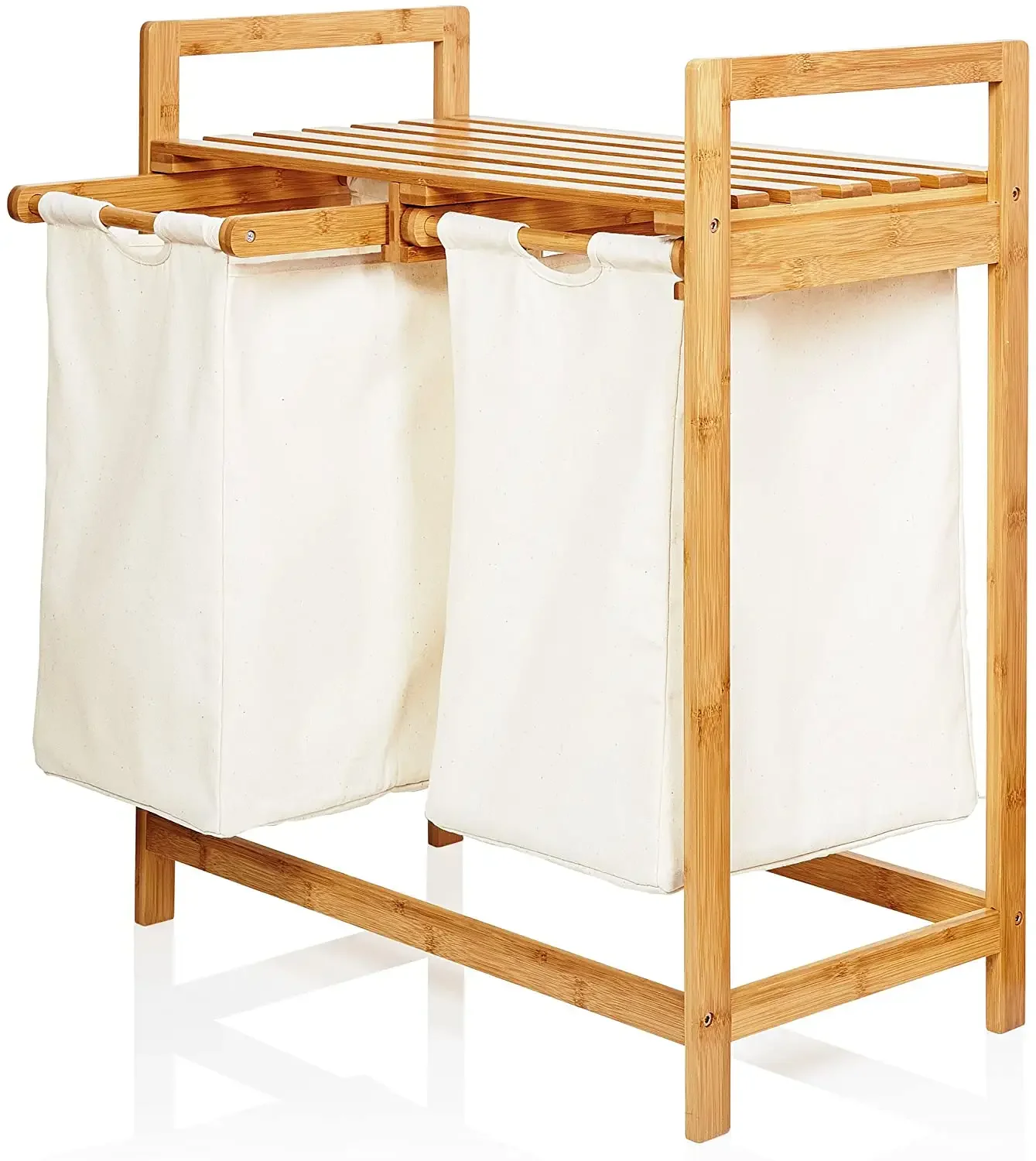 Bamboo Laundry Basket Shelf with 2 Extendable Removable Laundry Bags