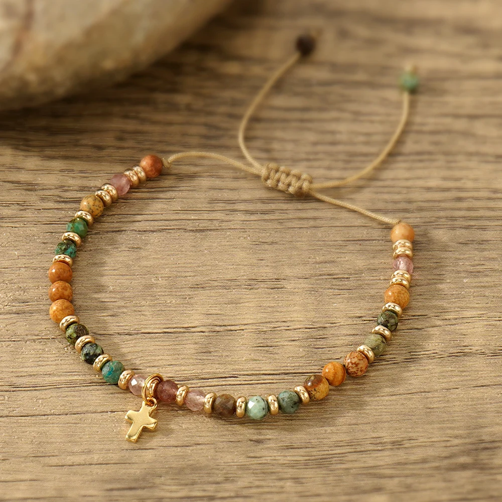 Wholesale Gothic Cross Natural Gemstone Bead Adjustable Gold Cross Charms Bracelet For Women Jewelry