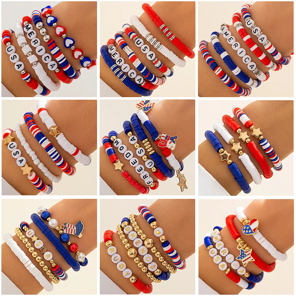 Custom USA Independence Patriotic Day American Flag Bracelets With Charms 4th of July Clay Beaded Friendship Bracelets