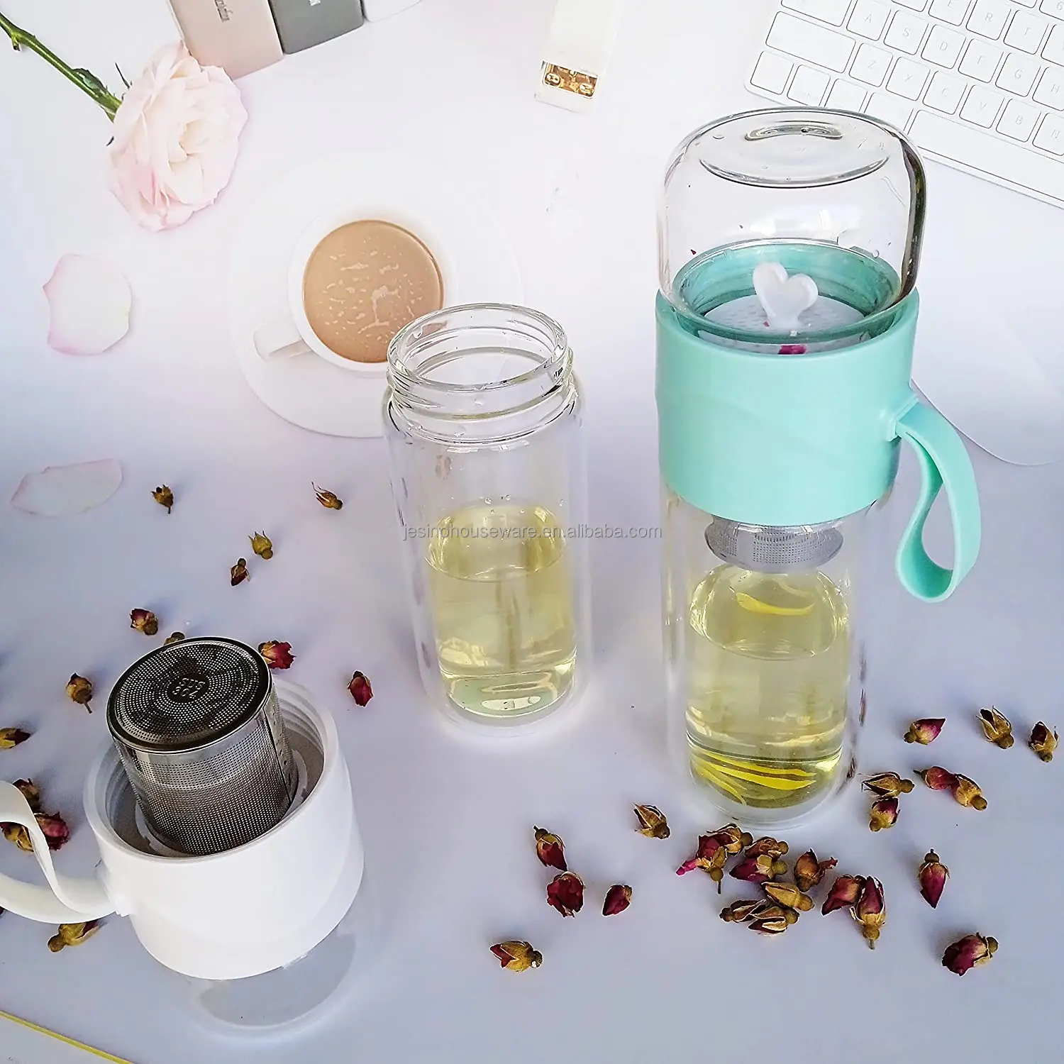 Portable Tea Separation Glass Tea Tumbler with Tea Filter and Silicone Handgrip Double Wall Glass Bottle for Gift 14oz