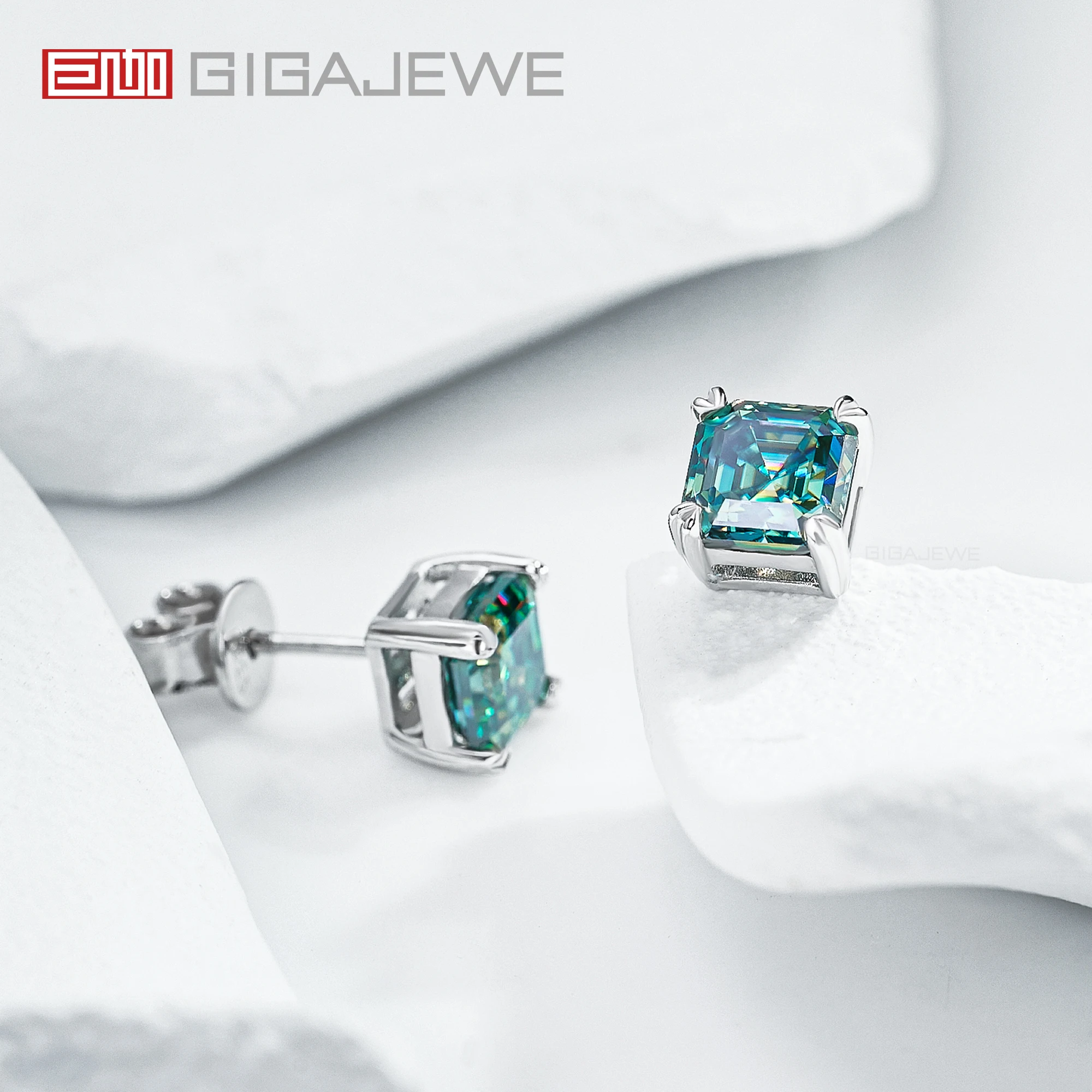 GIGAJEWE 7mm 2.0ct Asscher Cut Blue Green Cyan white Color Moissanite 925 Sterling Silver earings for women gift