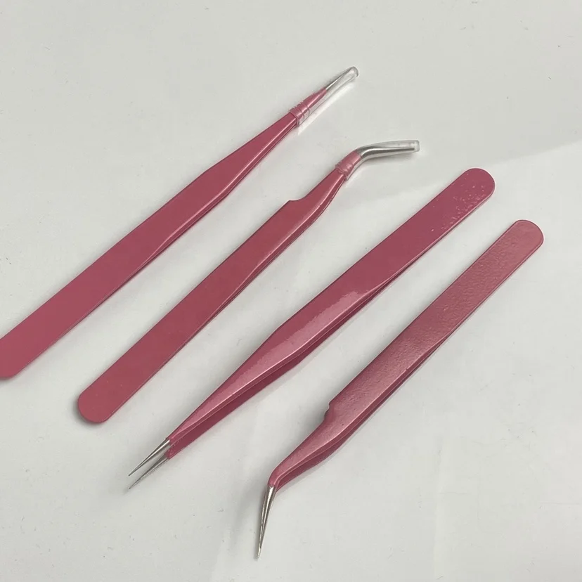 2pcs Pink Stainless Steel Tweezers Straight Curved Pick Up Tools Eyelash Extension Pointed Nipper Clip Manicure Nail Art Tool