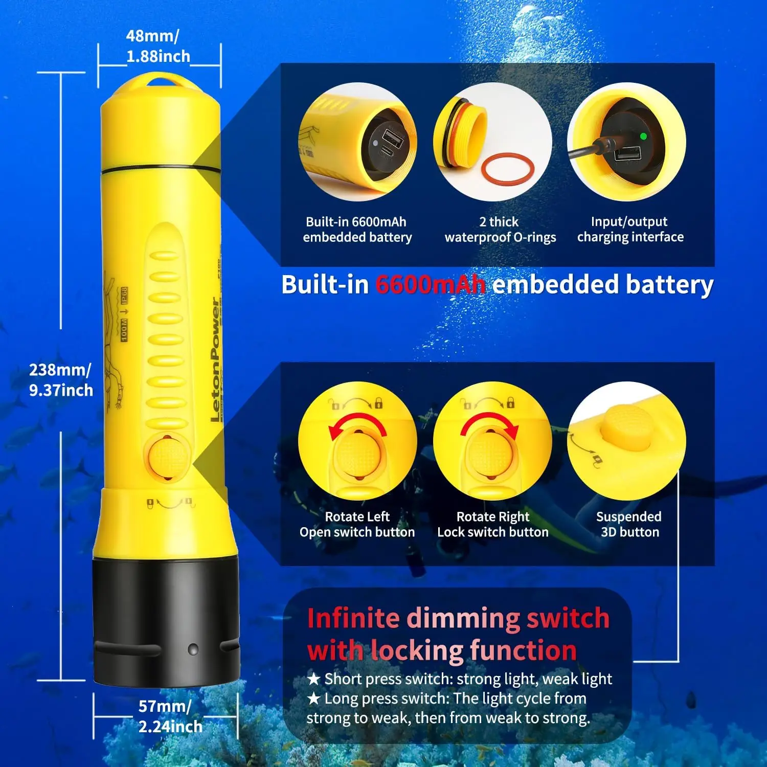 linterna de buceo Waterproof 100m Underwater Led Diving Flashlight for Scuba Diving and Underwater Hunting Industrial Use