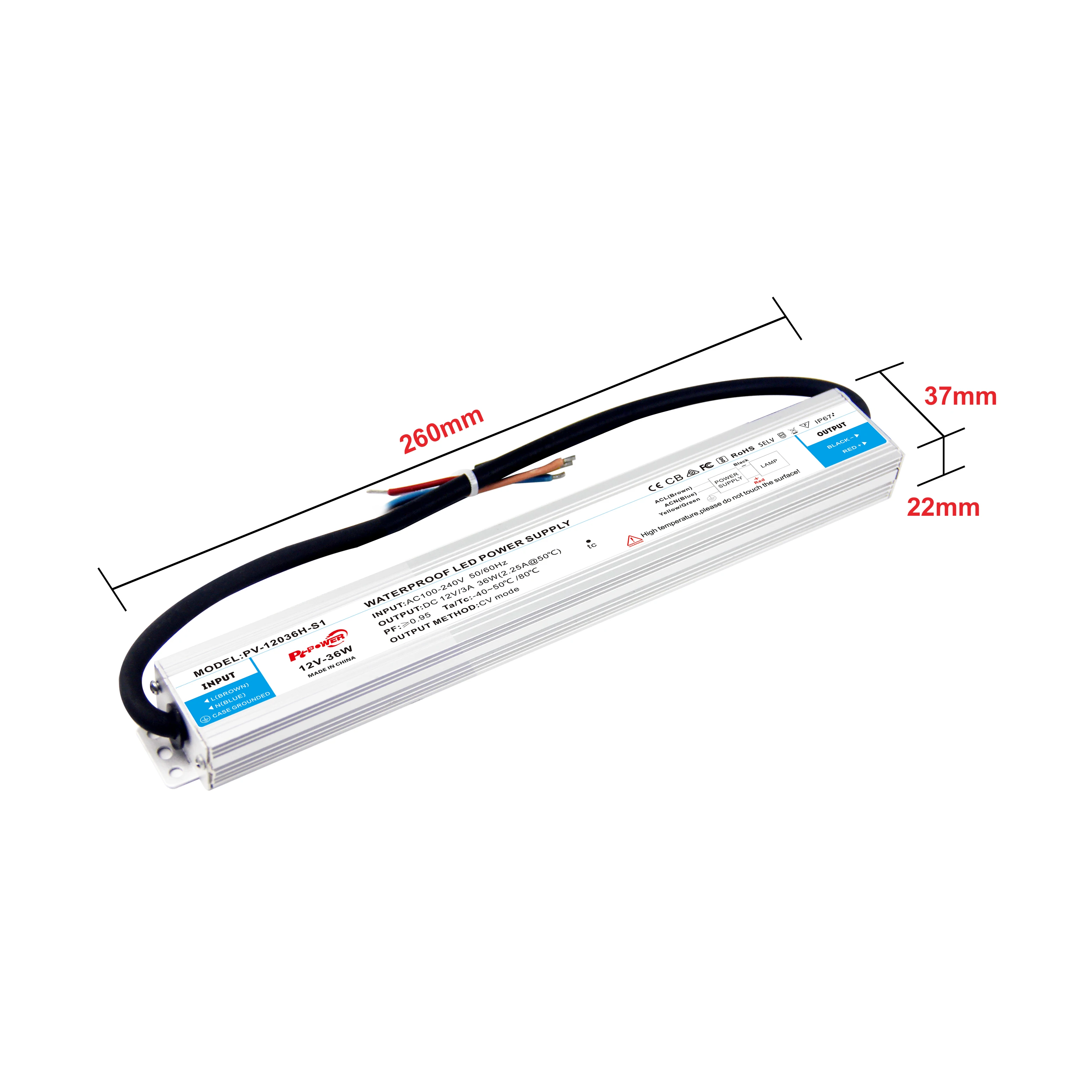 Тонкий водонепроницаемый IP67 PFC 36W 75W 100W Вход 100-240V AC to DC Оптовая цена 12V 24V Светодиодный драйвер для светодиодной ленты