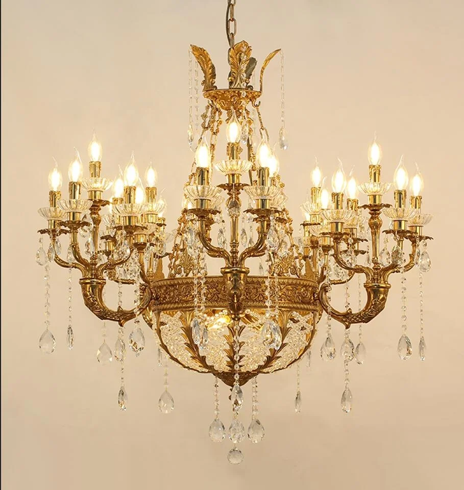 French Antique Bronze Brass Candle Hanging Lamp clear crystal Decorative chandelier luxury Pendant Lighting Crystal Chandelier