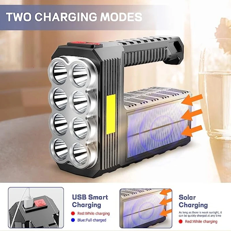 Portable Searchlight solar energy strong light long-range flashlight 8 LED Handheld Solar Flashlight with COB Sidelight 3 Modes