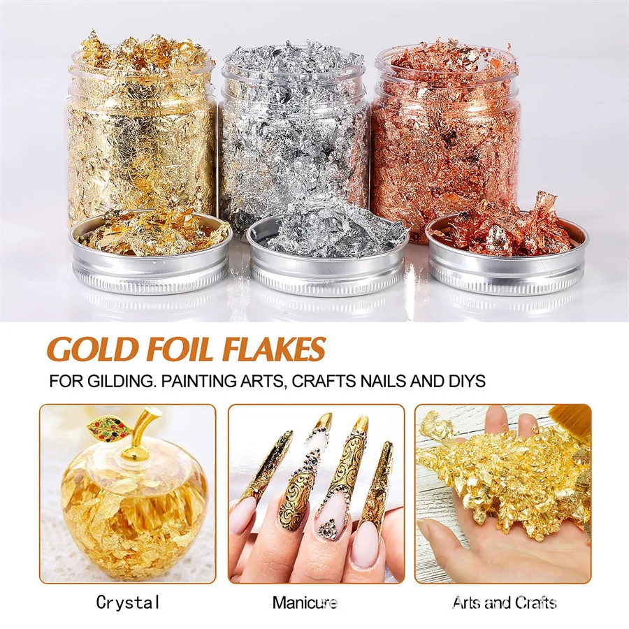 New Nail Decoration 3g Foil Flakes Glitter Leaf Flake Sheet Bulk Foil Paper For Gilding Manicure Epoxy Resin