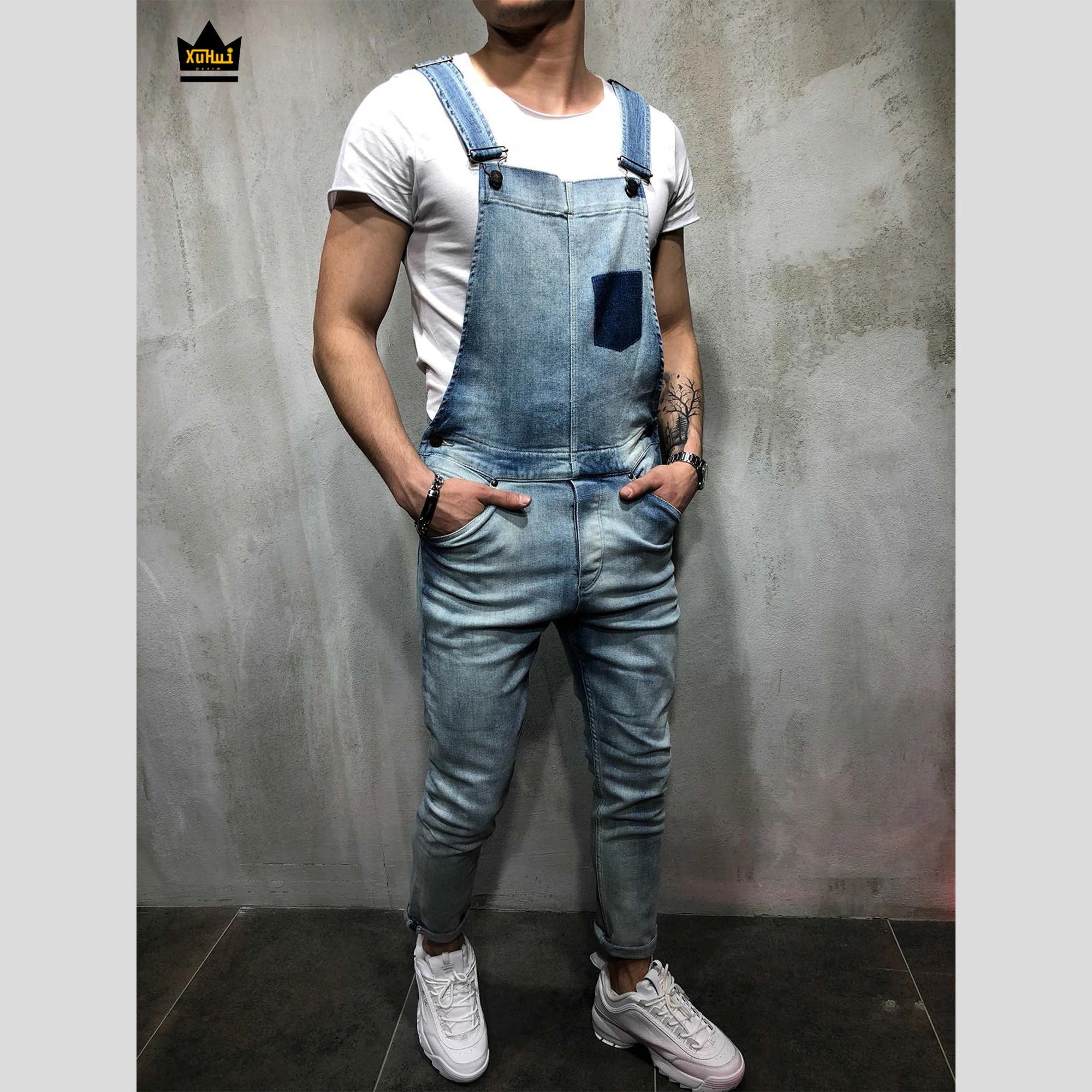 Wholesale Light Blue denim overalls with Patch pocket men jeans jumpsuits