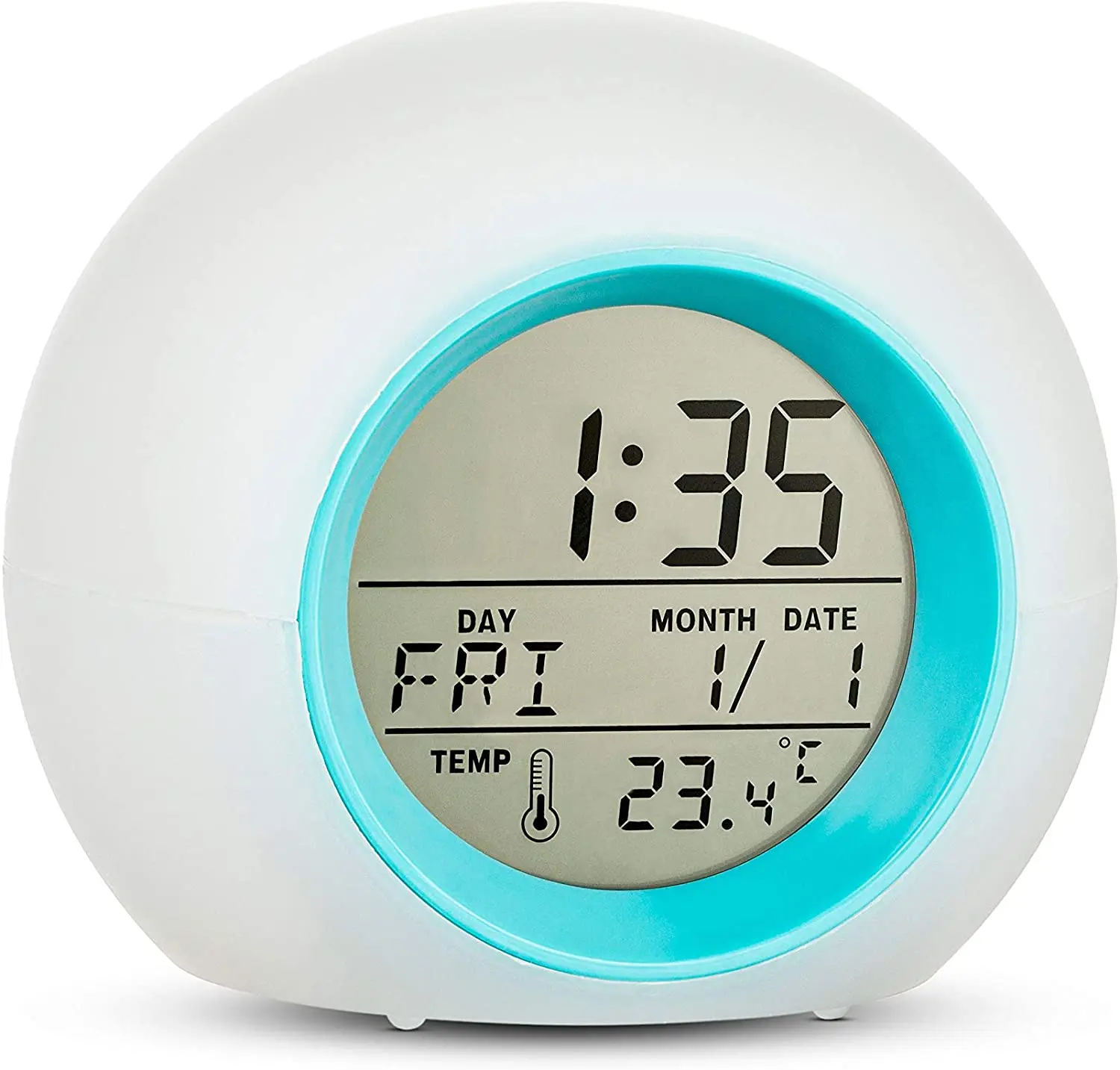 Battery Operated Digital Alarm Clock for kids with Calendars Temperature 7 Color Light for Students Wake up Bedroom Indoor