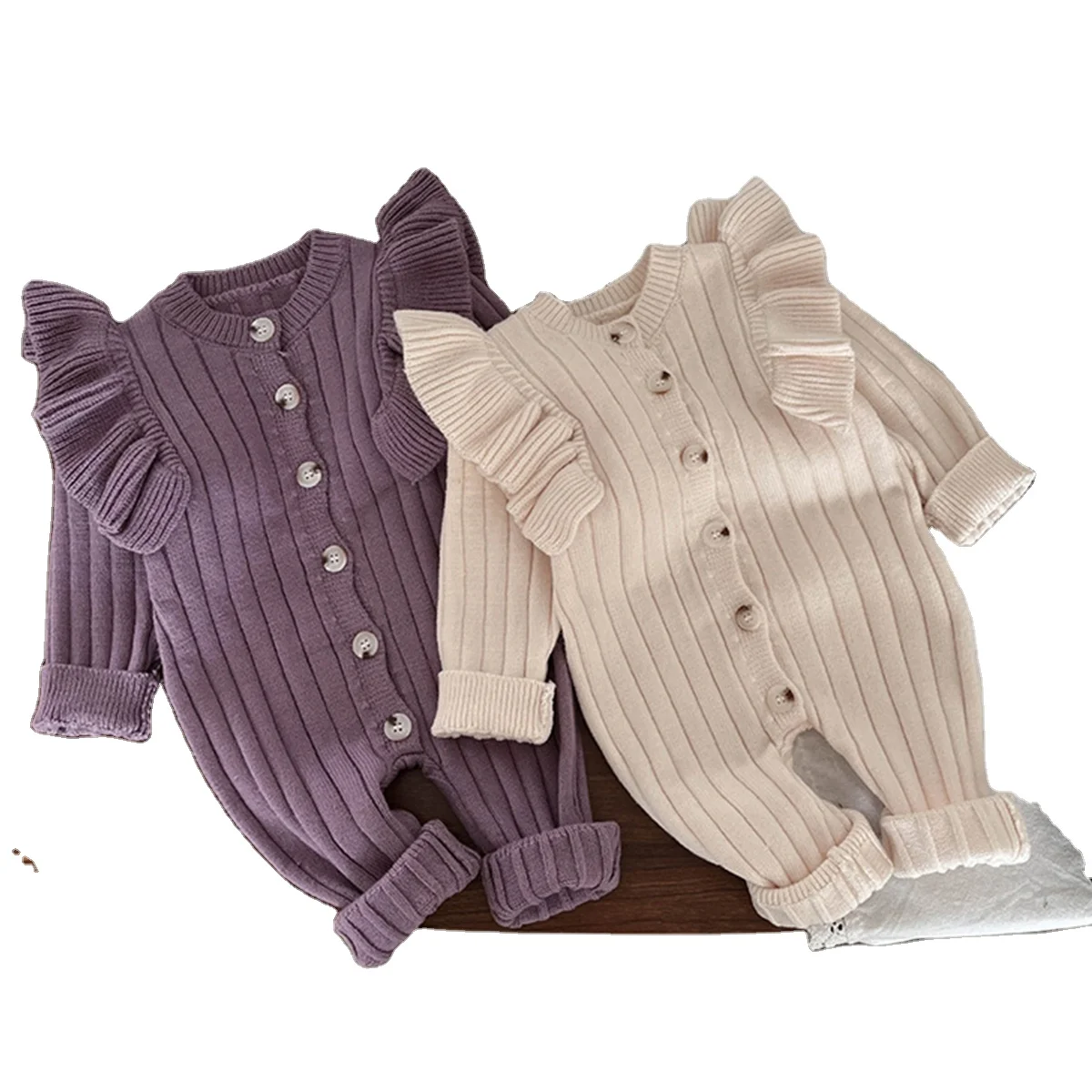 2025 Autumn Winter Warm Newborn Baby Girl Knit Ribbed Jumpsuit Overall Romper Button Long Sleeve Baby Knit Ruffle Romper